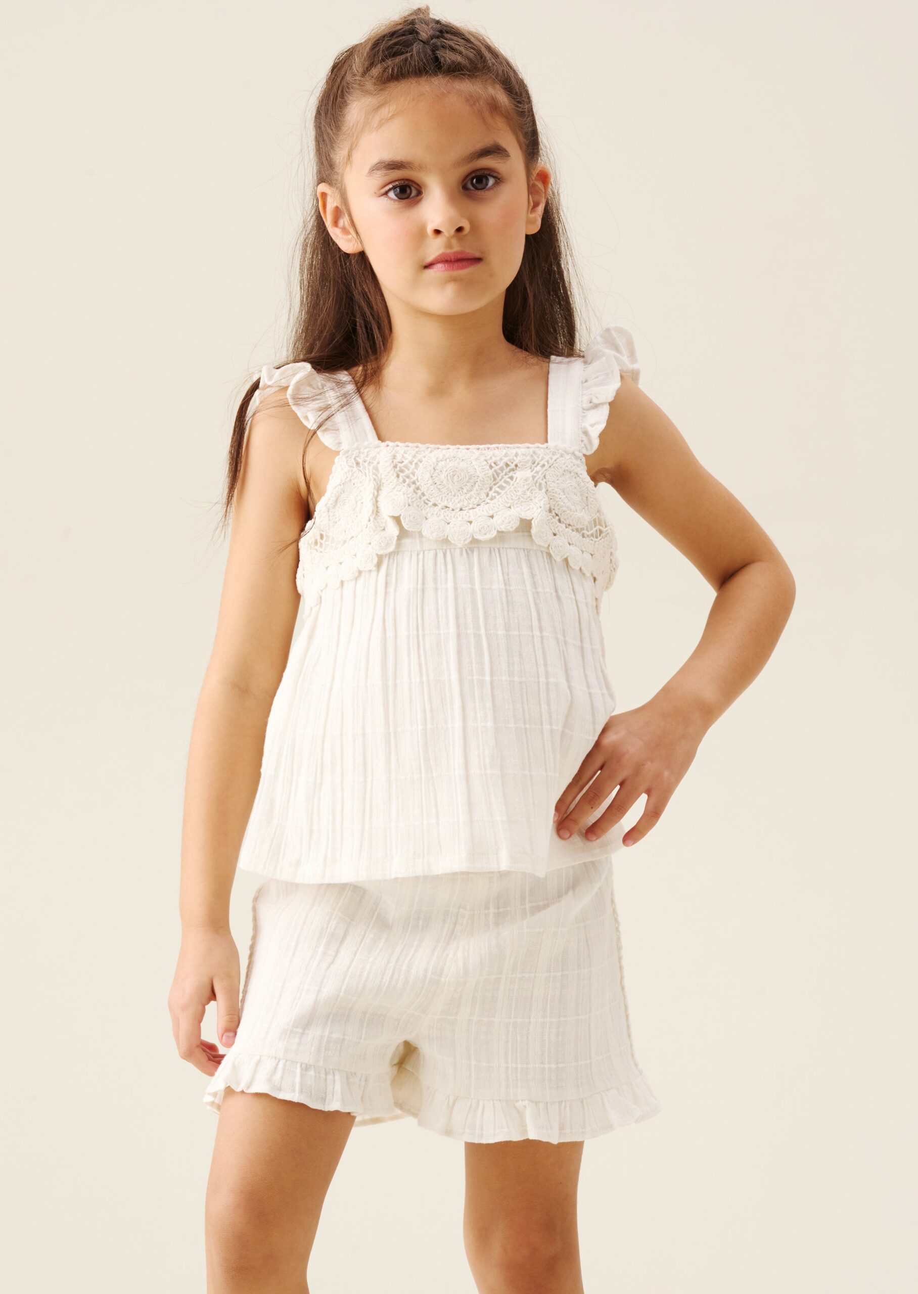 Liv White Crochet Frill Top And Short - Angel and Rocket