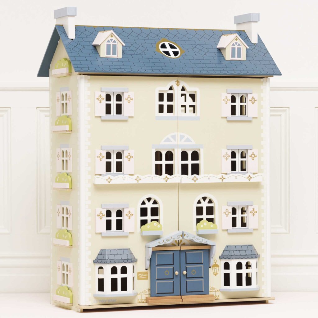Le Toy Van wooden doll palace in white, grey, pink and gold