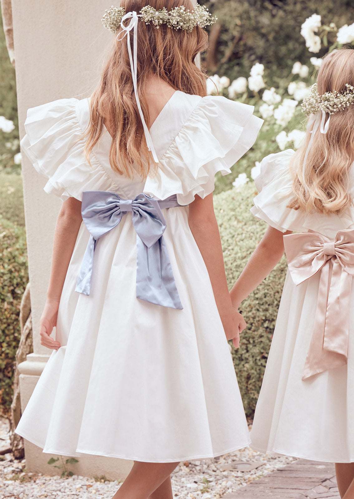 Sylvie Ruffle Dress with Blue Sash - Angel and Rocket occasionwear