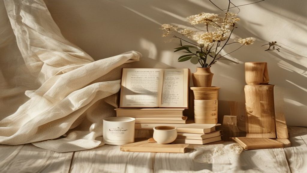 Editorial flat lay of children's items, books and wooden toys on linen
