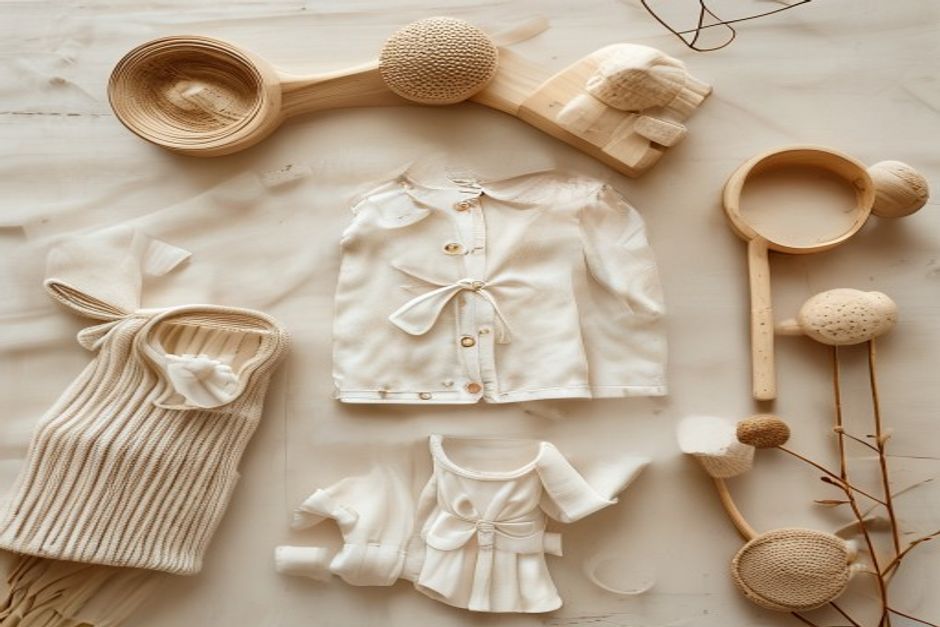 Editorial flat lay of UK luxury baby brand products on cream linen