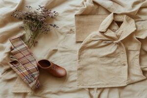 Folded camel trench coat and tartan scarf, editorial flat lay