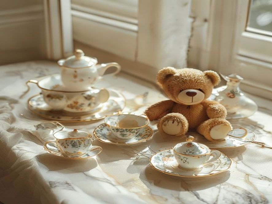 Heritage teddy bear and porcelain teacup, editorial flat lay