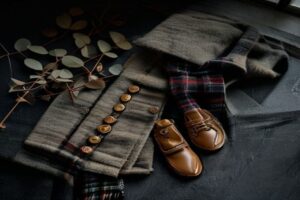 Moody designer kids fashion flat lay