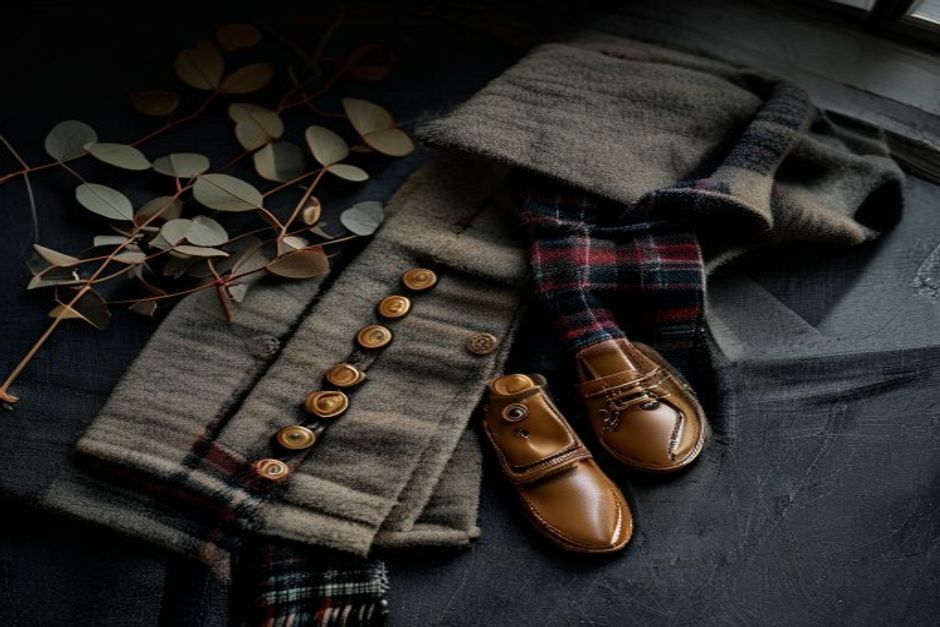 Moody designer kids fashion flat lay