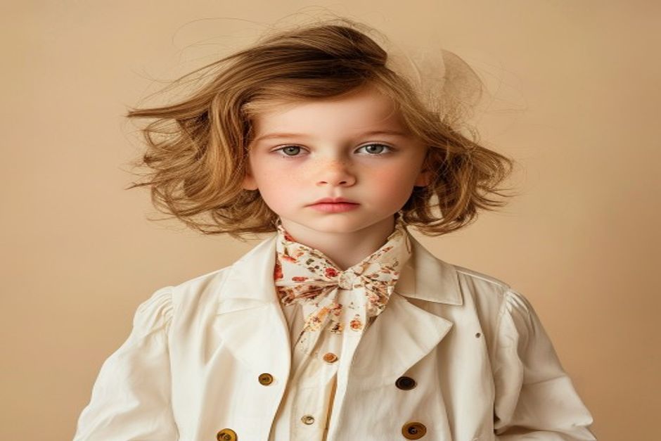 Stylish child in designer clothing editorial portrait
