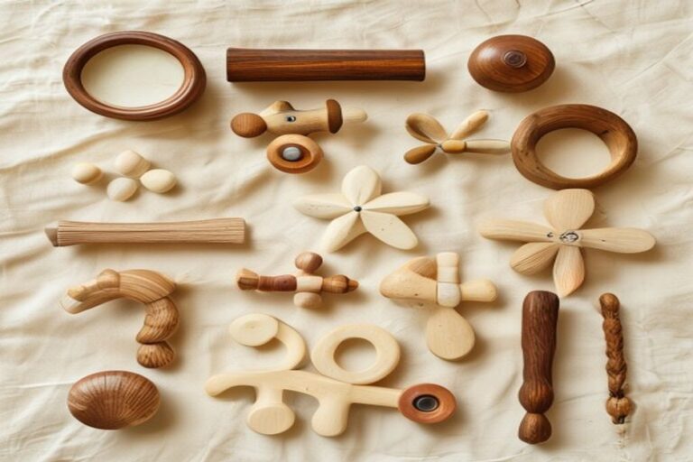 Collection of wooden children toys editorial flat lay
