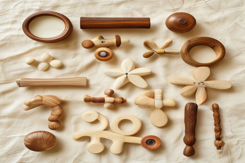 Collection of wooden children toys editorial flat lay