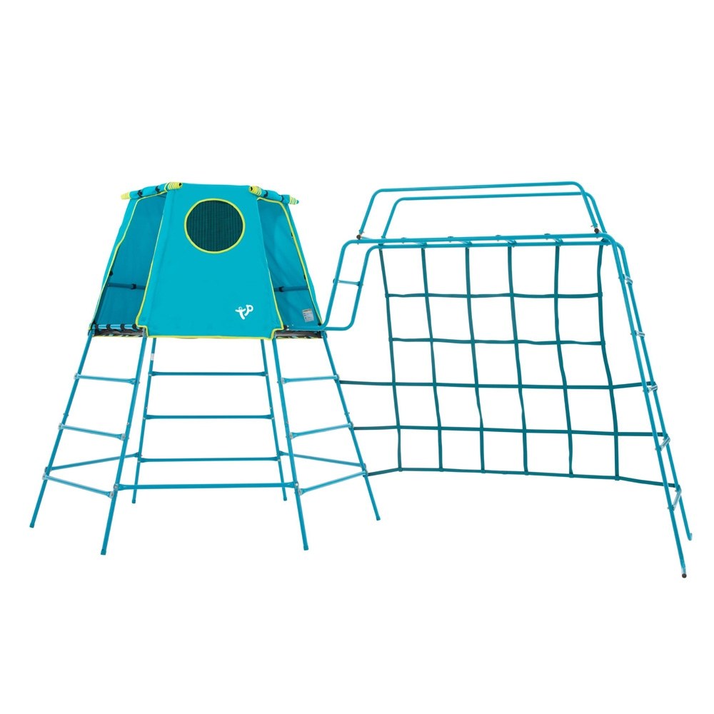 Metal climbing frame with den and climbing net