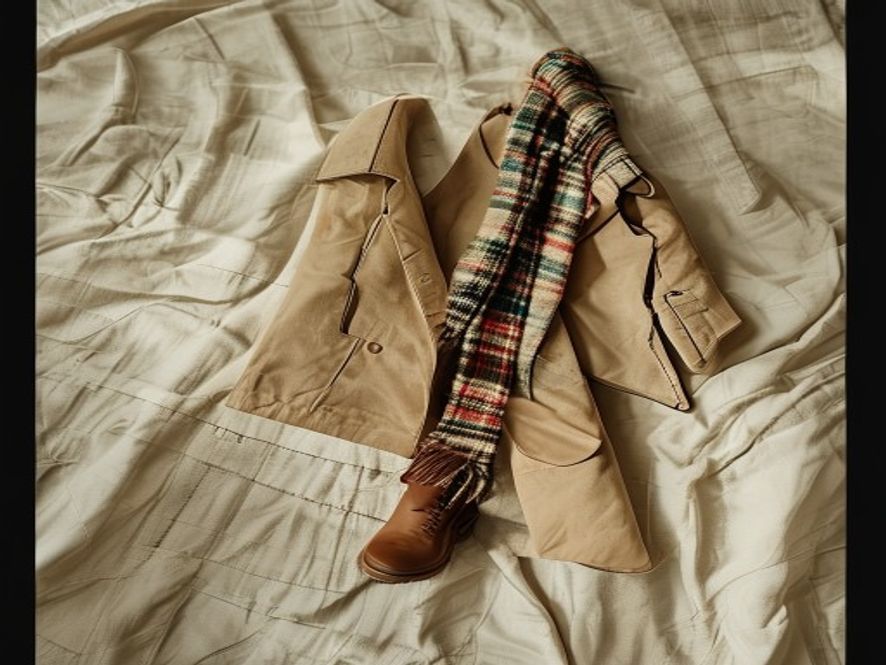 Folded Burberry check outerwear editorial flat lay
