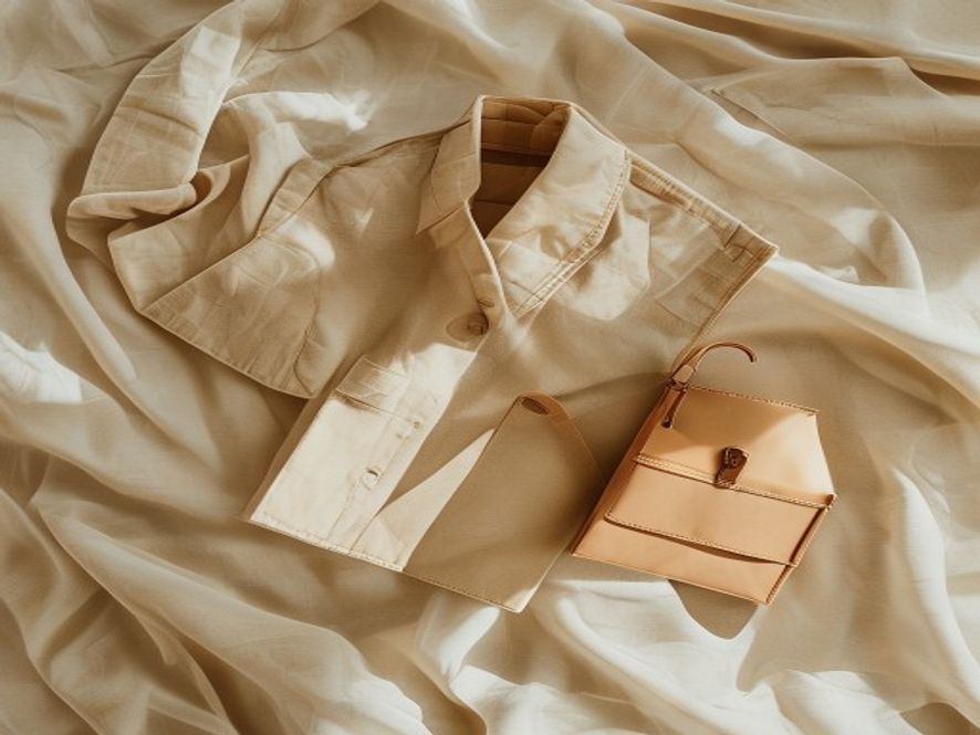 Folded designer outerwear editorial flat lay