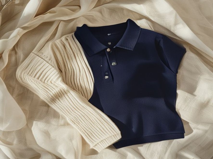 Folded polo and cable knit editorial flat lay