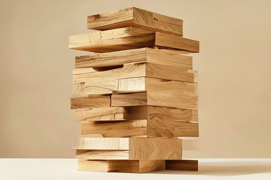 Kapla pine planks stacked into a tower
