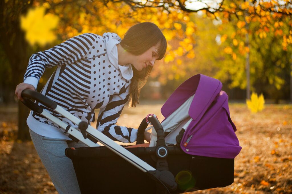 A premium pram in a golden autumn park